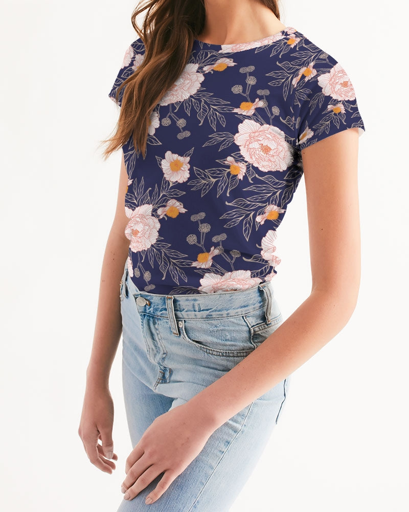 Load image into Gallery viewer, Orange Peonies Floral Orient Blue Women&amp;#39;s Tee
