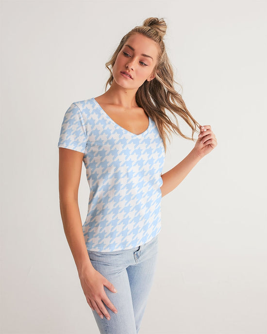 Baby Blue Large Houndstooth Women's V-Neck Tee