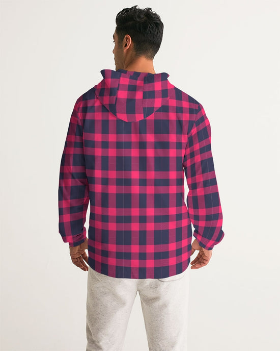 Red & Navy Tartan Men's Hooded Windbreaker Jacket