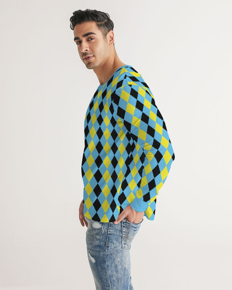 Blue & Yellow Harlequin Check Men's Long Sleeve Tee