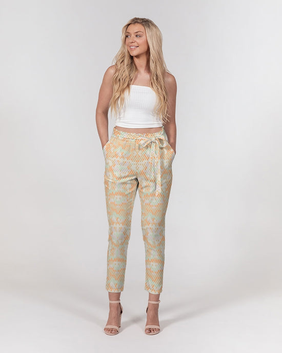 Green & Orange Snake Print Women's Belted Tapered Pants