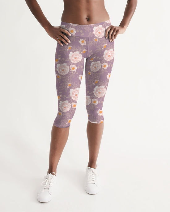 Orange Peonies Floral Rose Women's Mid-Rise Capri Leggings