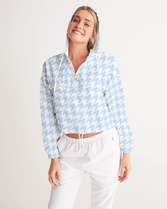 Baby Blue Houndstooth Women's Cropped Windbreaker Jacket