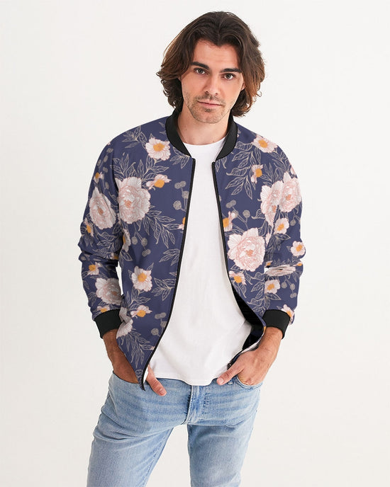 Load image into Gallery viewer, Orange Peonies Floral Orient Blue Men&amp;#39;s Bomber Jacket
