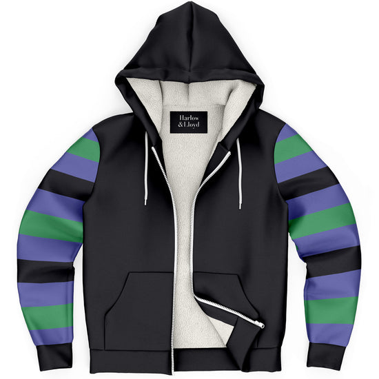 Load image into Gallery viewer, Stripe Unisex Zip Up Fleece Hoodie in Black, Violet Blue &amp;amp; Green
