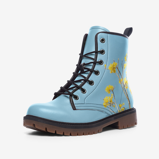 Yellow Flower & Sky Blue Lace Up Boots