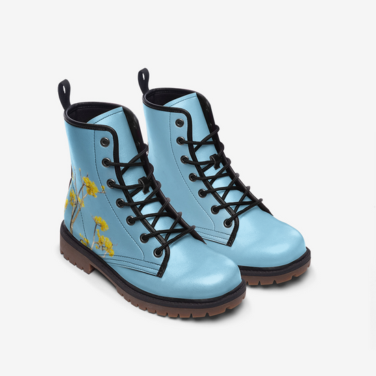 Yellow Flower & Sky Blue Lace Up Boots