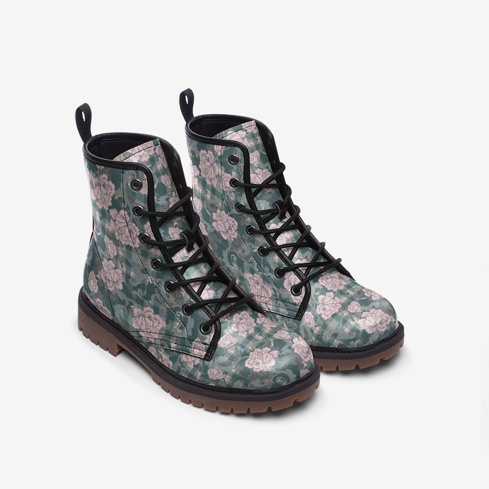 Baroque Floral Plaid Lace Up Boots