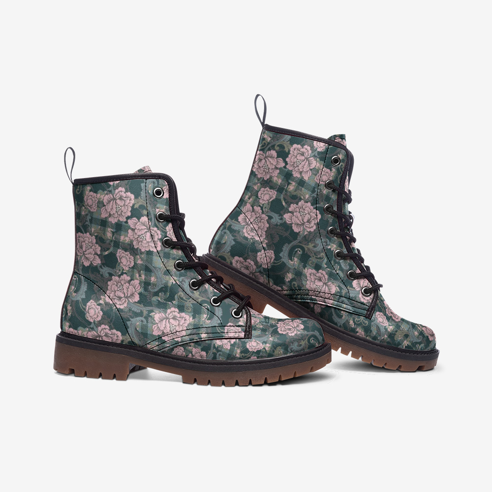 Baroque Floral Plaid Lace Up Boots