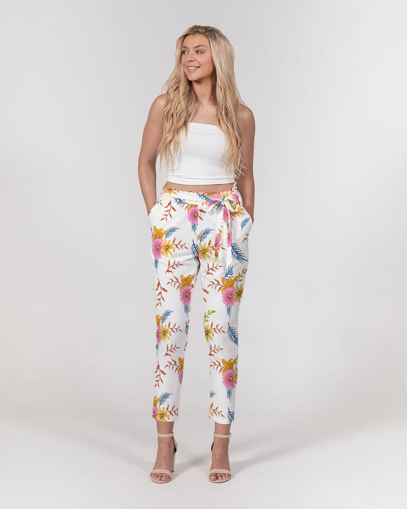 White Summer Floral Women's Belted Tapered Pants