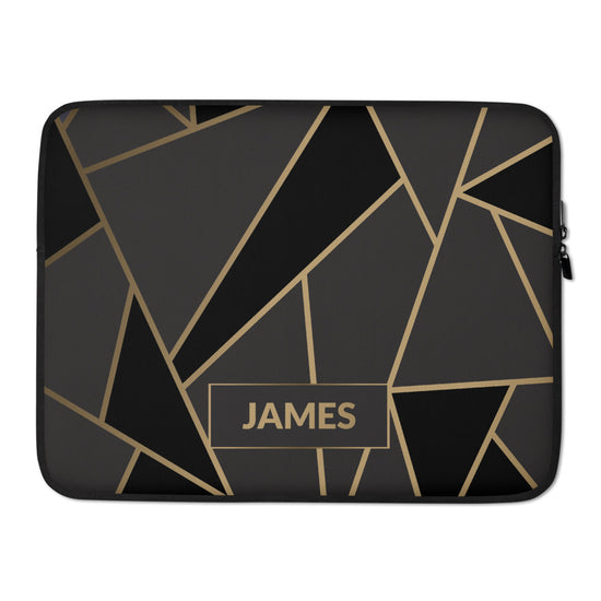 Personalized Laptop Sleeve in Luxe Black & Gold Geometric with Faux Fur Lining