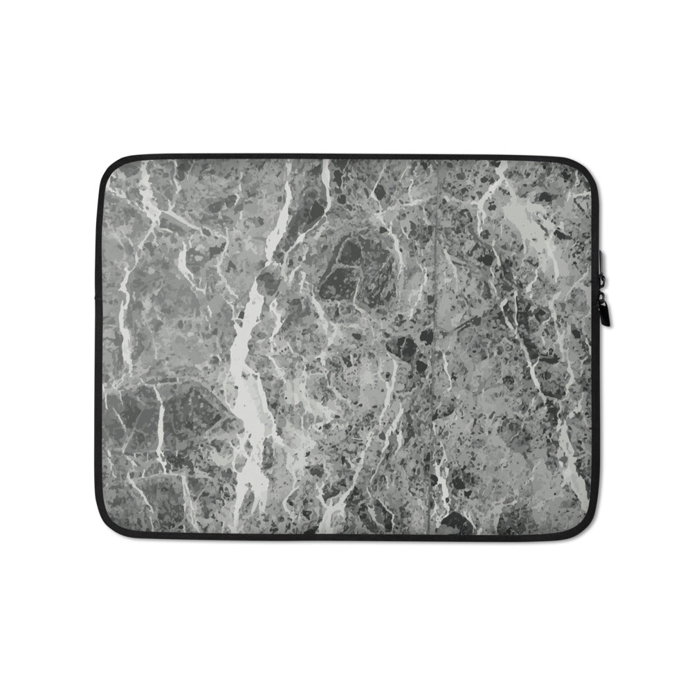 Personalized Laptop Sleeve in Dark Grey Marble with Faux Fur Lining