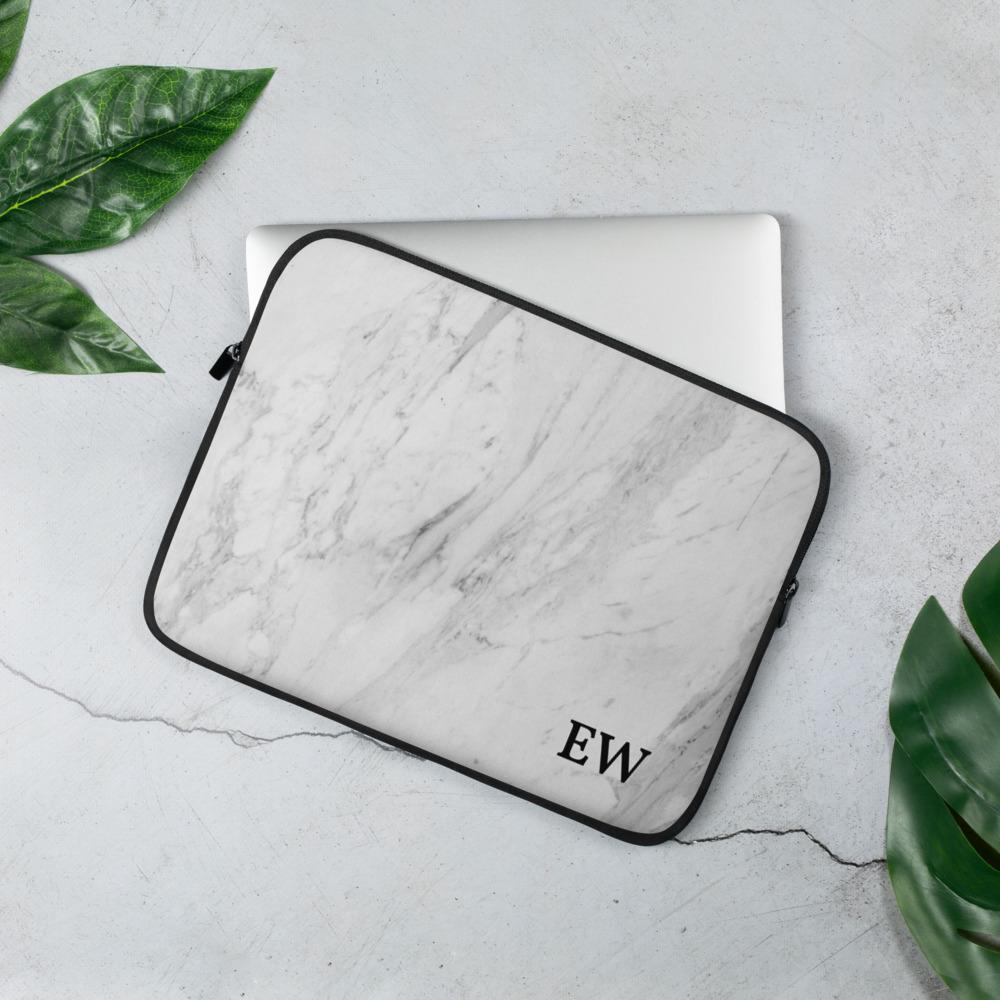 Personalized Laptop Sleeve in Marble with Faux Fur Lining