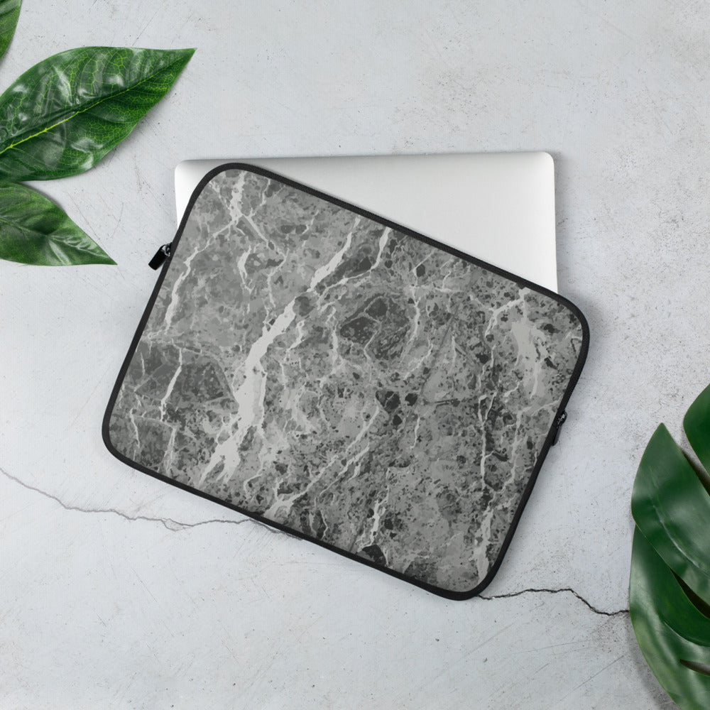 Personalized Laptop Sleeve in Dark Grey Marble with Faux Fur Lining