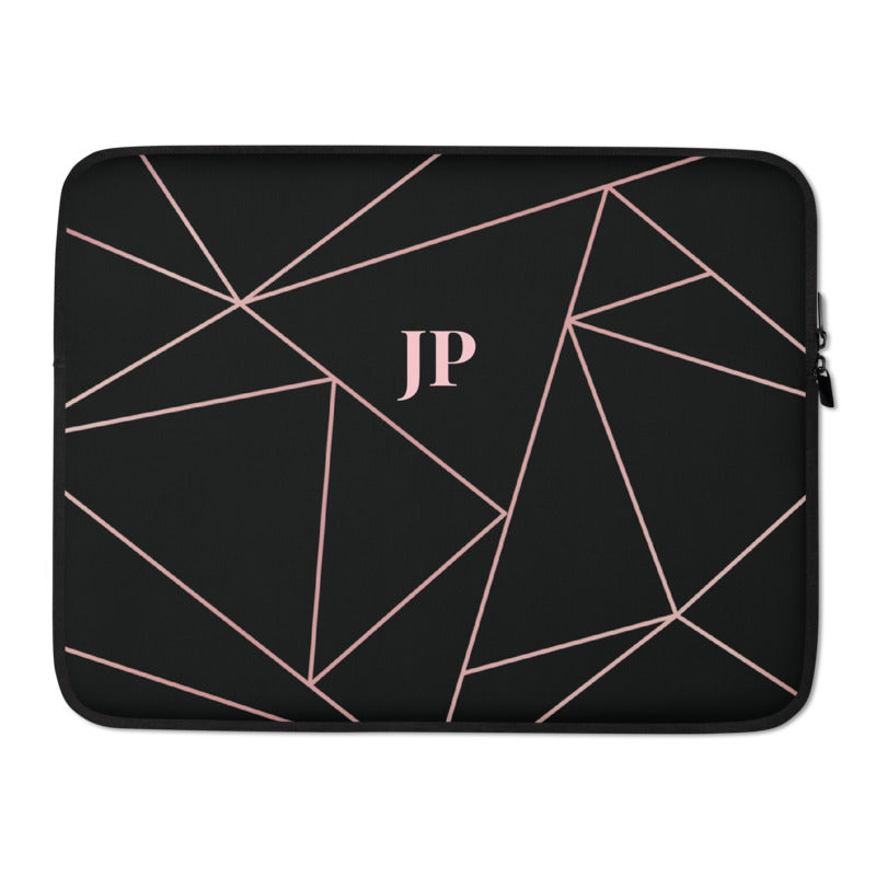 Load image into Gallery viewer, Personalized Laptop Sleeve in Black &amp;amp; Pink Geometric with Faux Fur Lining
